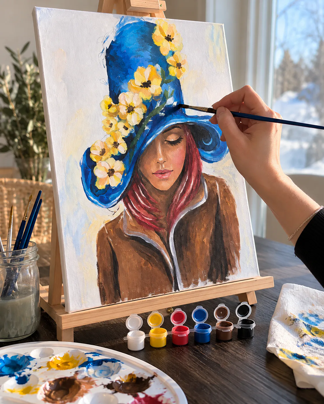 Peinture du portrait au chapeau bleu et aux fleurs jaunes avec le kit Arty