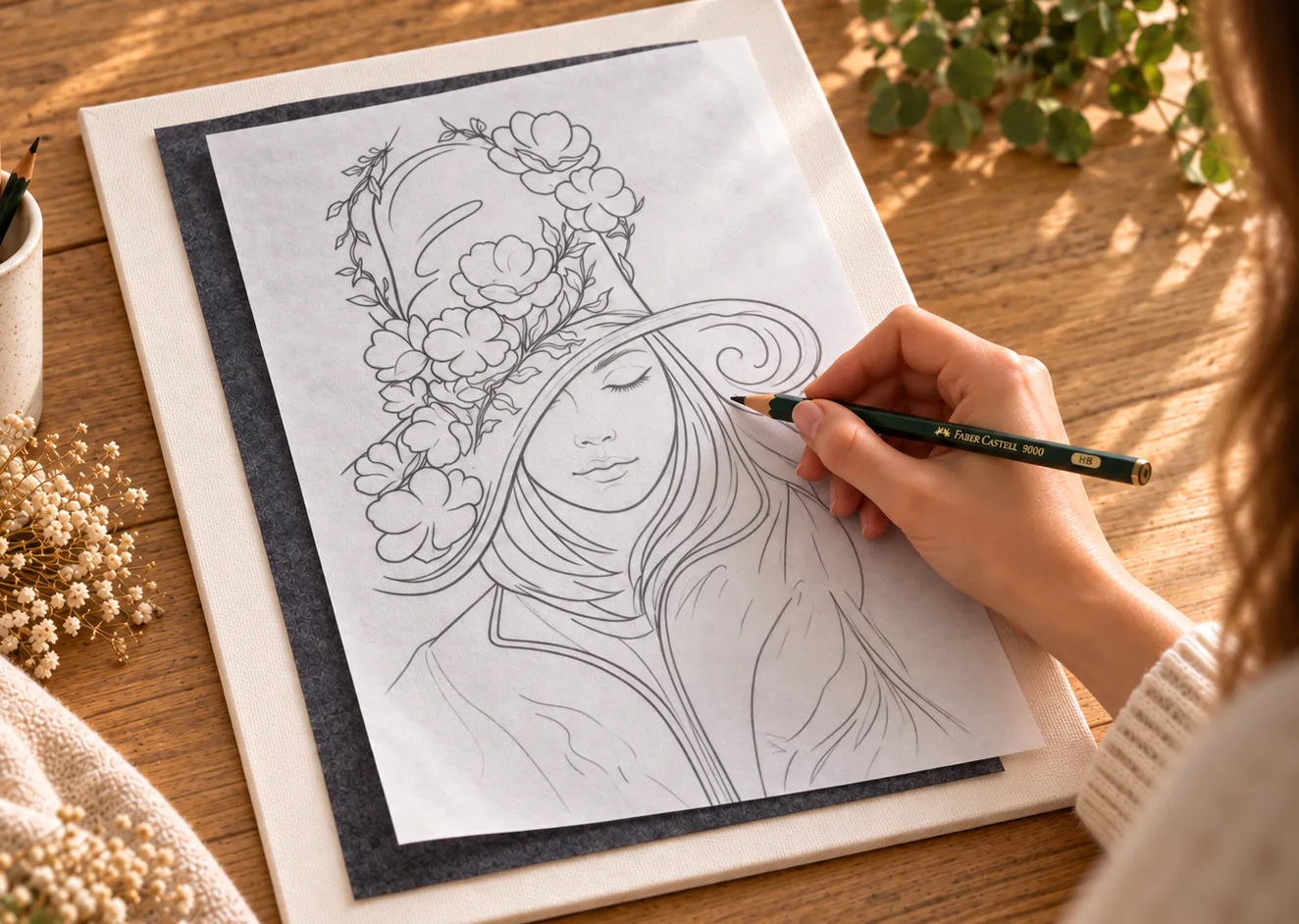 Traçage du portrait au chapeau fleuri sur la toile avec du papier carbone